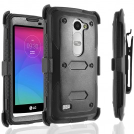 LG Leon, LG Power, LG Sunset Case, [SUPER GUARD] Dual Layer Protection With [Built-in Screen Protector] Holster Locking Belt Clip+Circle(TM) Stylus Touch Screen Pen (Black)